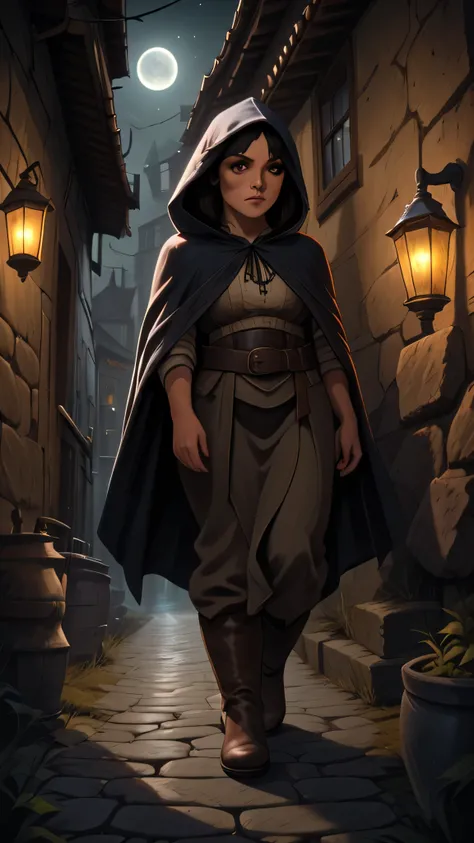 halfling, female, 1girl, 1woman, short stature, pointed ears, big eyes, big feet, spy, black middle hair, black eyes, ruddy body skin, sneaking through the shadows, moonlit alley, bustling medieval fantasy city, dark form-fitting cloak, hood partially cove...