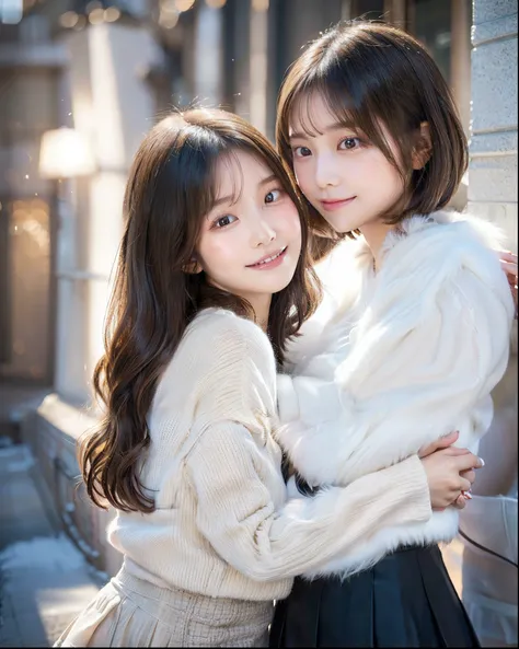 A ((hyper-realistic)) and (((ultra-detailed))) image of two girls embracing each other lovingly, set in a soft and neutral background.
One is a girl with ((semi-long hair)) wearing a white knitted sweater and a pink tulle skirt, her youthful features glow...