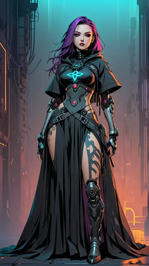 beautiful woman witch robe long skirt standing gothic cyborg cyberpunk fantasy