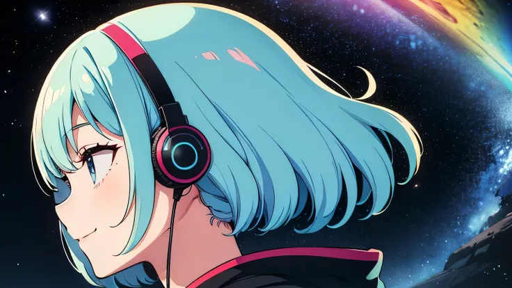  light blue hair with a slender body　Bob　Perm　 girl 　profile　prayer　chuckle　 headphones　 hoodie　One person　universe