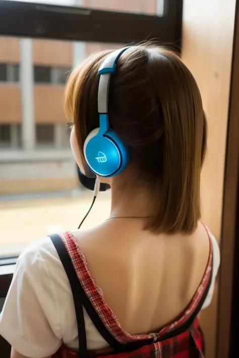 Japanese high school girl cute blonde back view faceless wearing headphones emo room music