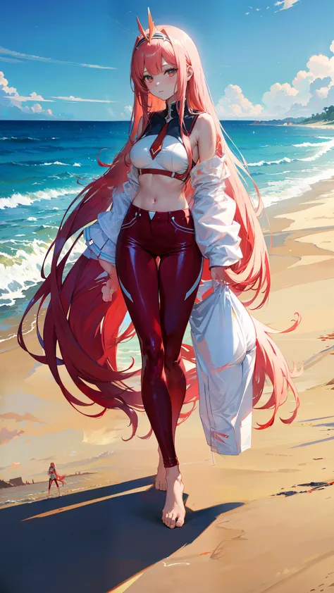 Zeru to,  My darling in Franxx 
Zero Two 
beautiful mistress,Long-haired Zuhri ,  wears tight red pants ,  wears a tight white bra only,  barefoot . He is standing on the beach .  one girl, unique, 
