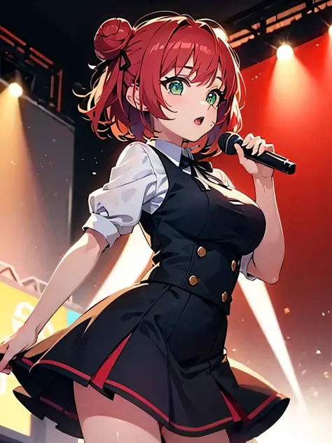  anime style、short one-sided bun hair、 short hair while on a business trip、black ribbon on the back of the dumpling、 red hair、 green eyes、overall red and black skirt、 standing on stage and singing、Idol、