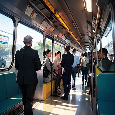 A busy morning commute in a Japanese train, the interior is crowded with office workers in suits and commuters holding onto straps or staring at their smartphones. Among them, a person is curiously looking at a small, mysterious button on the corner of an ...