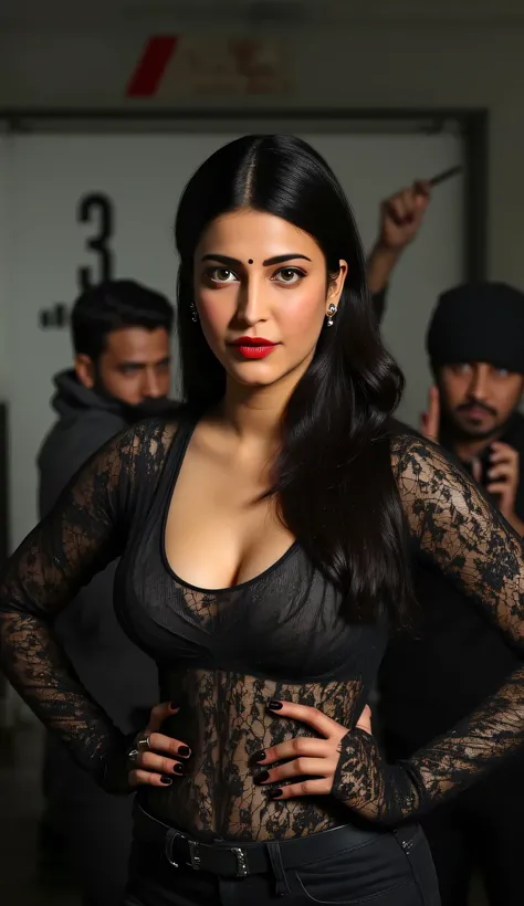 a rebel woman with guns, cleavage, full body, front view, large breasts, cleavage, standing pose, mrunal thakur, cleavage, angry facial expression, ponytail, red lipstick, realistic, (best quality,4k,8k,highres,masterpiece:1.2),ultra-detailed,(realistic,ph...