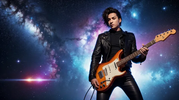 The high-resolution art we will be producing depicts a male rocker in a leather jacket and boots, playing an electric guitar against a space background. The rocker is performing with confidence and intensity, and the guitar will have a glowing energy eleme...