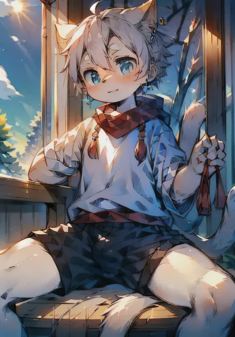  high quality ，  high detail，  bright environment，  furry ， Warm winter sunshine， Male cat， White Clothes， The shorts bulge up ， Open legs ， earrings， cute， White hair， blue pattern ，  blue eyes，  sits in front of the window ， shy，  blush，
