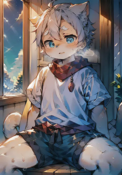  high quality ，  high detail，  bright environment，  furry ， Warm winter sunshine， Male cat，  white clothes ，  Blue Shorts ， shorts， Open legs ， cute， White hair，  blue pattern ，  blue eyes，  sits in front of the window ， shy，  blush，Hands bulged up in ， Sw...