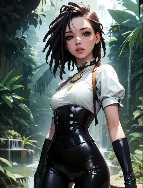 Looks like a young Jennifer Lawrence, she is a cute Aztec girl with white dreadlocks, sideshave and white highlights, slanted eyes, wide cheeks, pointy chin, young, big red eyes, in a Goth, latex top with lacing, with choker, and hotpants. Standing in a da...