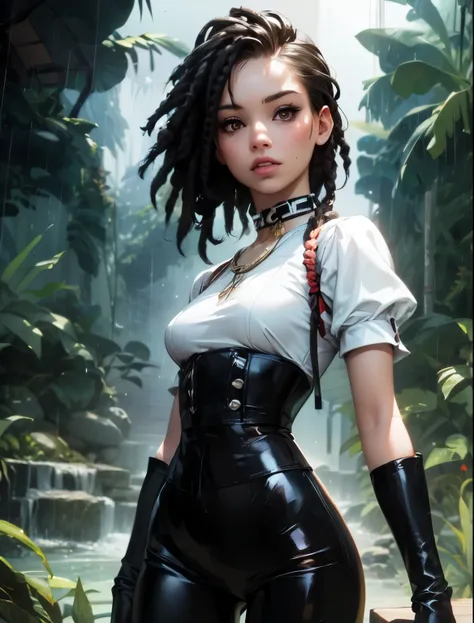 Looks like a young Jennifer Lawrence, she is a cute Aztec girl with white dreadlocks, sideshave and white highlights, slanted eyes, wide cheeks, pointy chin, young, big red eyes, in a Goth, latex top with lacing, with choker, and hotpants. Standing in a da...