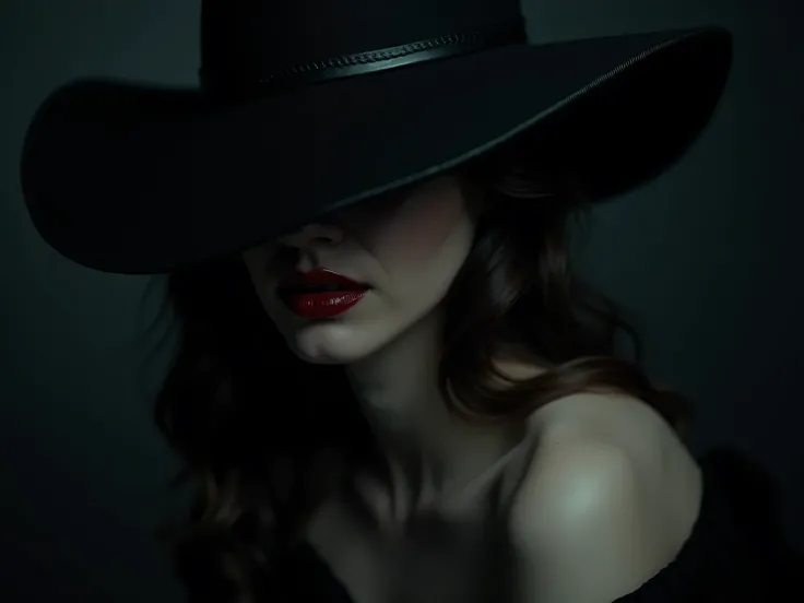 A seductive femme fatale in the dark with a mysterious gloomy hat 