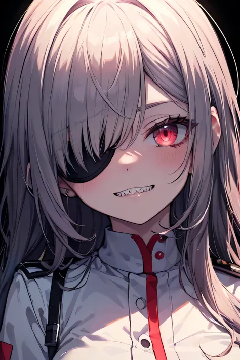 A close-up portrait of a yandere-style anime girl, wearing a white nurse outfit with red accents, an eyepatch covering one eye, bloodstains on her uniform, soft and silky hair framing her face, slightly messy bangs, wide and unsettling grin, deep red glowi...