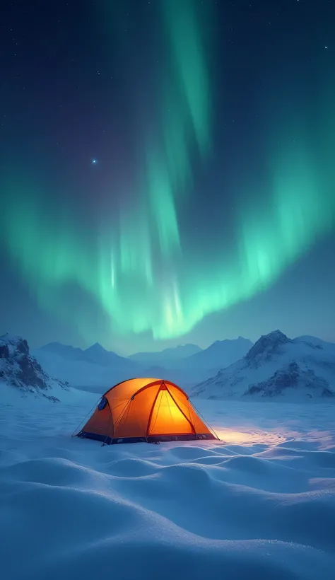 a midwinter night on the lakeside , camping tent lights are on , snow piles up on the ground , fantastic auroras appear in the sky , beautiful but fantastic snow particle scenes , aurora gradation , and tent lights , full of stars, Spectacu...