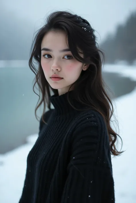 BEAUTIFUL GIRL BLACK SWEATER SNOW LAKE 