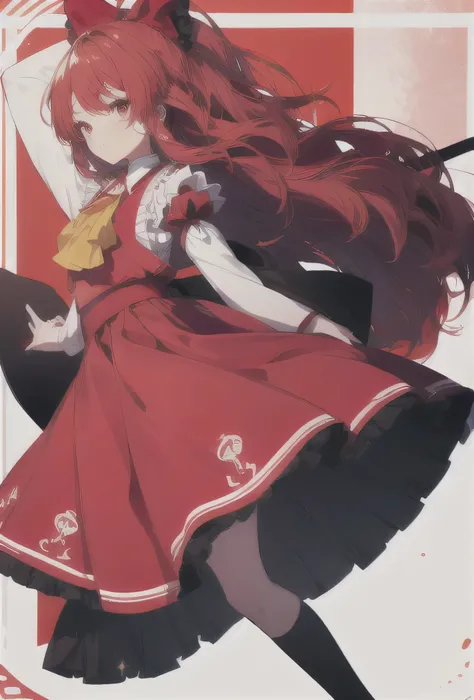 red hair bow, miko, red shirt, sideboob, detached sleeves, wide sleeves, ribbon-trimmed sleeves, yellow ascot, red skirt, long skirt, frilled skirt, frills, white socks, black shoes