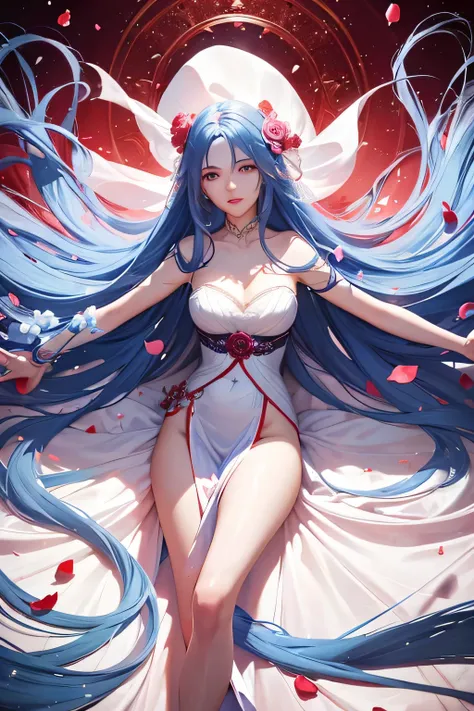 "long blue Hair,A beautiful woman wearing an elegant dress, surrounded by scattered red, pink, and white rose petals. The rose petals create a lush, romantic, and sensual atmosphere. The woman's pose and expression convey a sense of grace and sophisticatio...