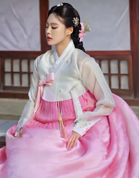 A Korean man in women's hanbok, hi is crossdresser, His face and hairstyle are very masculine, silk, Mother of the Bride hanbok Dress Outfit, breasts like a woman, white and pink, slender female body, sexy see-through jacket, satin, little side view, full ...