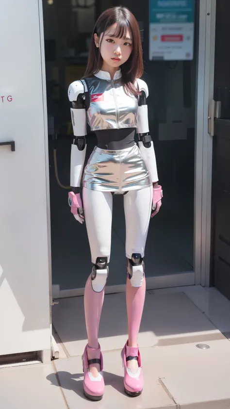  race queen, wearing a silver metallic sleeveless jacket, silver metallic skirt, robot 