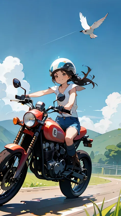best quality 、(One Girl Vintage_ motorcycle riding)、 dark brown shortcut 、 he's wearing a jet helmet、 helmets have 、 black and white lines running back and forth in the center .。.、 white tank top、 pink rider jacket 、 denim shorts、 white knee-high socks 、 ...