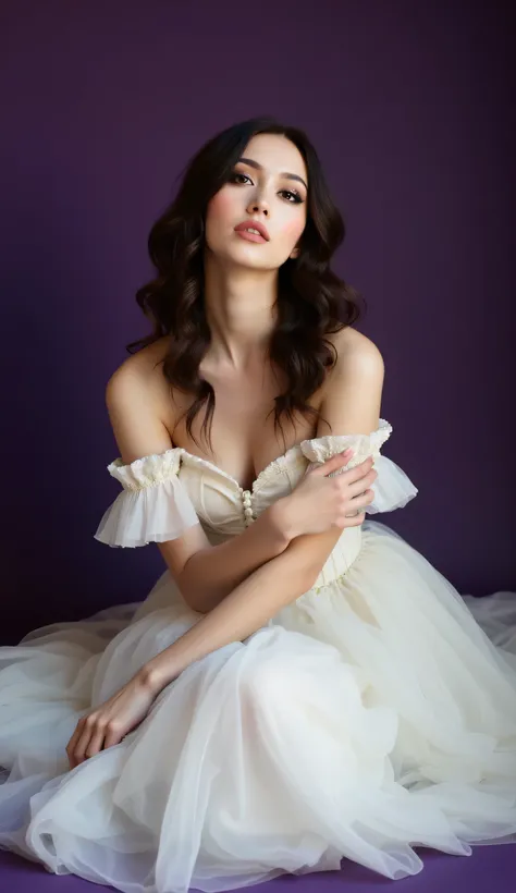 This is a photograph of a young woman posed against a solid, dark purple background. The woman has long, wavy, dark brown hair cascading down her back, and she is dressed in a white, off-the-shoulder, corset-style dress with a voluminous, tulle skirt that ...