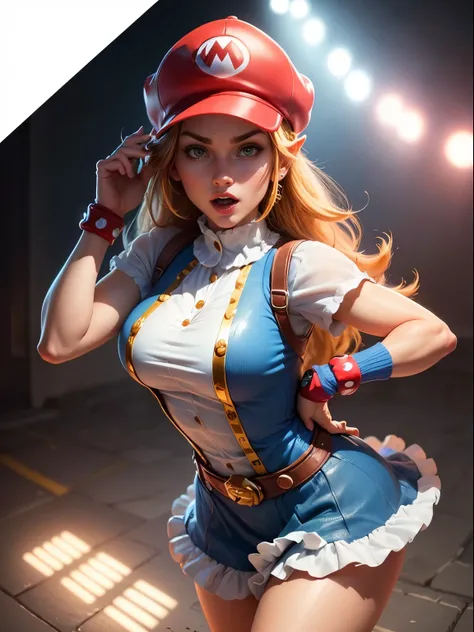 a woman with super Mario hat, wearing a super Mario costume, cute pose, detailed face, detailed body, detailed outfit (reality: 1.4), (A hyper-realistic), (high resolution), (8K), (highly detailed), ( Best Illustration), (detailed eyes), (ultra-detailliert...