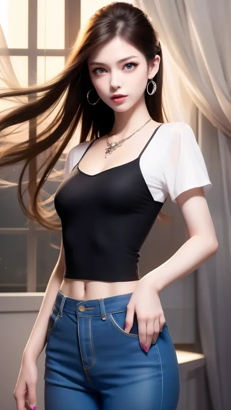 4k ultra hd, masterpiece, very high quality, a girl, age 20 years old girl, good face, smooth face, detailed eyes, beautiful hair, very long hair, hair band, cute look, modern clothes, pink shirt, black  jeans, good shoes, morning background, buildings, su...