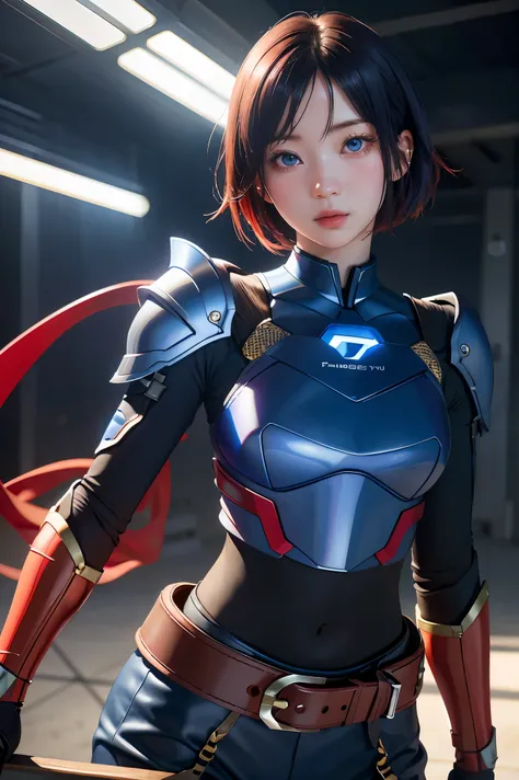 （1 Adult female），A high resolution， Sharp focus， Pixiv masterpiece， （（Complicated details））， highly detailed， natsuki_subaru， 1 man， The expression is serious，full bodyesbian， blue colored eyes（eyes glowing）， red short hair，red armor，Wear arm guards，Wear a...