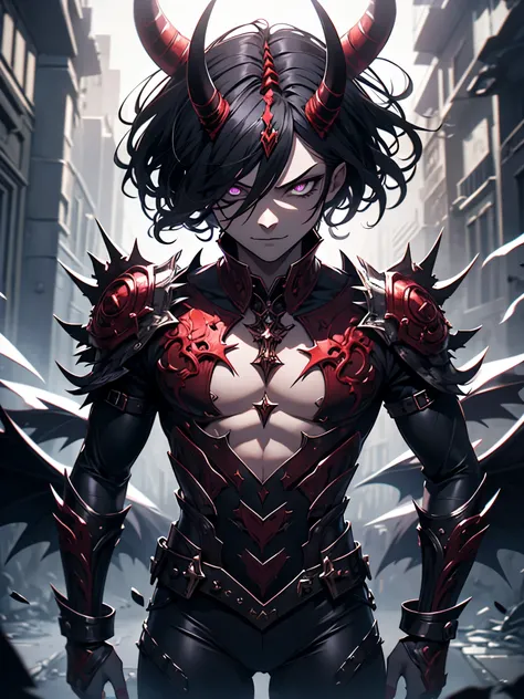 Male humanoid demon.  male. height 1,85.  full body costume. Underworld God. Diabolical.  short black hair .  bright purple eyes .  detailed eyes . sombrio. with two horns. malignant.  sharp black nails . Devilish face . Diabolical.  High resolution little...