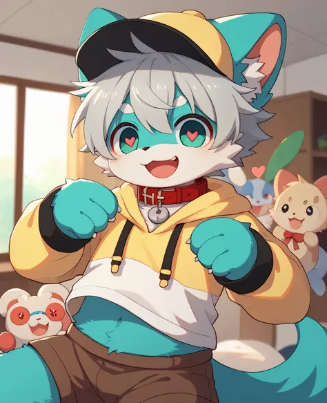  very detailedな, very detailed, blue fur gray hair,,male,骨を見てexcitedする, heart eye,participate, red collar, green white and colored hat, cute face, fluffy fur like one,excitedする,Horny boy,Beautiful room, 's room ,Smiling face,Dropped ears, let's play with t...