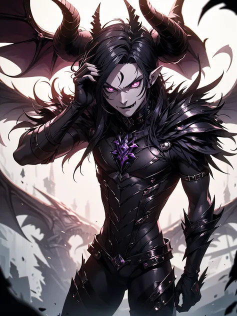 Male humanoid demon.  male. height 1,85.  full body costume. Underworld God. Diabolical.  short black hair .  bright purple eyes .  detailed eyes . sombrio. with two horns. malignant.  sharp black nails . Devilish face . Diabolical.  High resolution little...