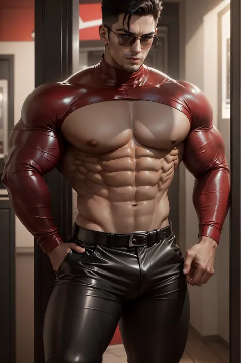 Wearing tight red leather crop top long sleeve shirt,completely unobstructed chest,completely unobstructed abs,completely naked abs,completely naked chest,black leather pants with belt,same background