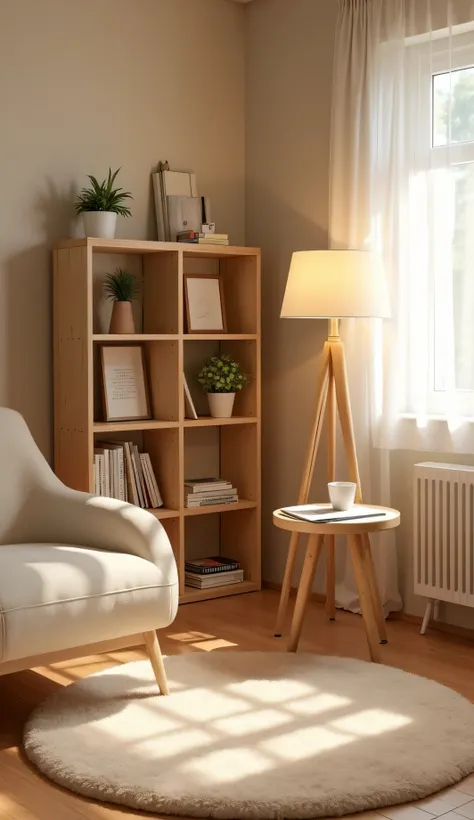 A warm, cozy room with a minimalist design. The background includes a wooden bookshelf filled with books and small potted plants, a soft beige rug on the floor, and a window with sheer curtains letting in diffused natural light. A small coffee table with a...