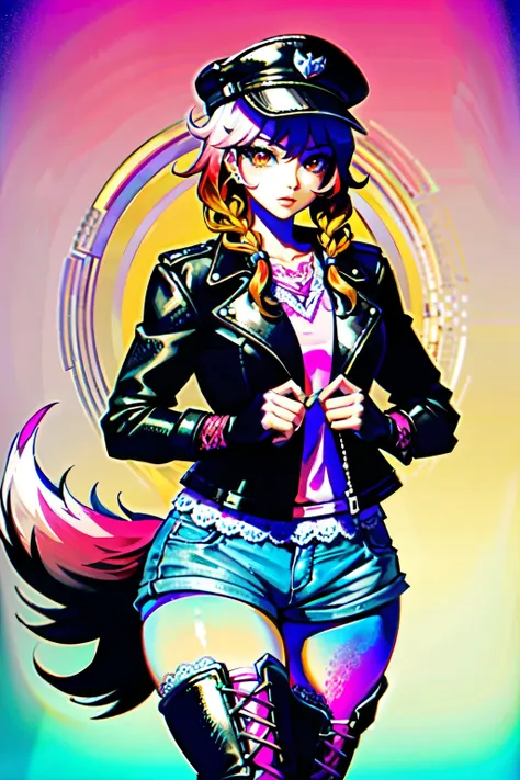 (best quality:2.0), (crisp:2.0), (highres:2.0), (((a rich yellow and pink gradient wolf tail:2.0))), anime, full body:2.0, (single image), (solo beautiful lady:2.0), (masterpiece:2.0), (detailed face:2.0), (detailed eyes:1.4), ((denim shorts:2.0)), ((thick...