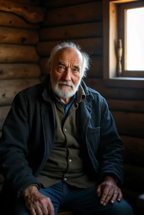 An elderly Ukrainian man with a weathered yet kind face, slightly bald with wisps of gray hair and a neatly trimmed beard. He is seated in a rustic wooden cabin, surrounded by simple, traditional furnishings. The portrait is framed from the waist up, captu...