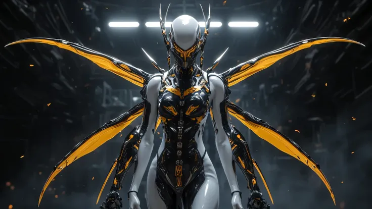 ( photorealistic: 1.2,  in top quality, 4K ), ( girl, White,  slender),  movie lighting, (( wasp pattern metal full body suit、full face mask like a wasp、Near future))、1人の girl、full body