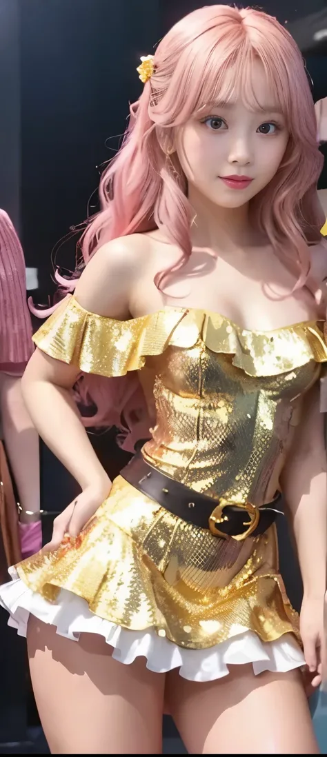  Fancy Idol Girl （shiny pink wavy hair）、A pure girl's face、Tanned Thick Legs 、gold sequin tight dress（ Off Shoulder ）、、Gorgeous Belt 、