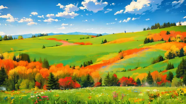 A is drawing with paint,Background meadow, Sky, looks up at the , Distant Scenery