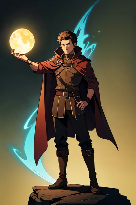 A dnd male character. He is simple in dressing, constantly prepared for travel. A tough brown leather tunic with buckles running down the front. A long durable black traveling cloak covers his form. Generic brown pants made of light material and tall multi...