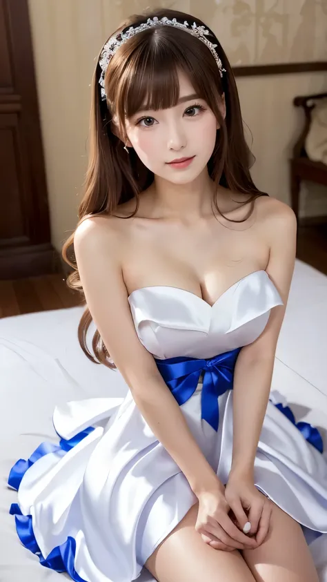 (((Top Quality))), (((Masterpiece))), (((Detail))), Tall, Looking at Camera, Face to Face, royal blue silk satin ruffle girly empire length wedding dress, Hands thrust forward, Japanese, Brown Hair, Long Hair, Gorgeous Room,. Gorgeous ribbon hair accessory...