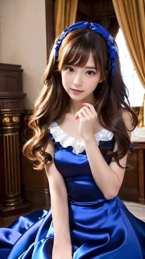 (((Top Quality))), (((Masterpiece))), (((Detail))), Tall, Looking at Camera, Face to Face, royal blue silk satin ruffle girly empire length wedding dress, Hands thrust forward, Japanese, Brown Hair, Long Hair, Gorgeous Room,. Gorgeous ribbon hair accessory...