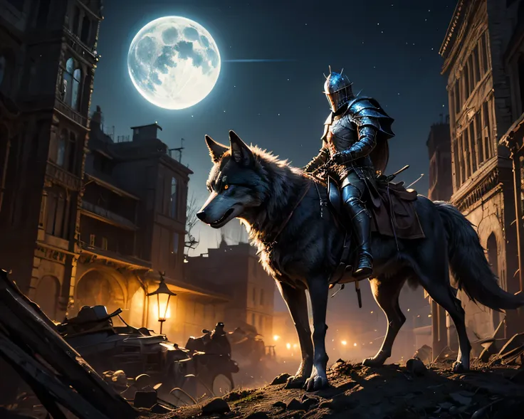  dark fantasy, One Knight, The ,  knight who travels the world with a wolf is wearing Western armor with a helmet,   ruins at night,   fantastic atmosphere ,  widescreen ,  high resolution, 