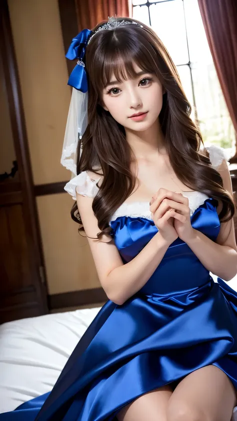 (((Top Quality))), (((Masterpiece))), (((Detail))), Tall, Looking at Camera, Face to Face, royal blue silk satin ruffle girly empire length wedding dress, Hands thrust forward, Japanese, Brown Hair, Long Hair, Gorgeous Room,. Gorgeous ribbon hair accessory...