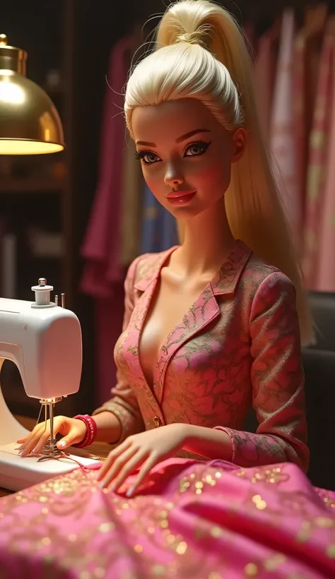 Barbie sews luxurious clothes with a needle and thread looking at me