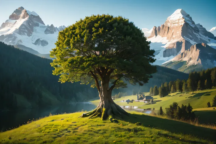 A picture of a tree with quotes written on it ,  David G.  and mountain paintings with mountains by Jakub Husnick .  Sorensen ,  acrylic painting inspired by the picture of the CG Society contest winner ,   naive art , Tree of Life seed of doubt, the Tree ...