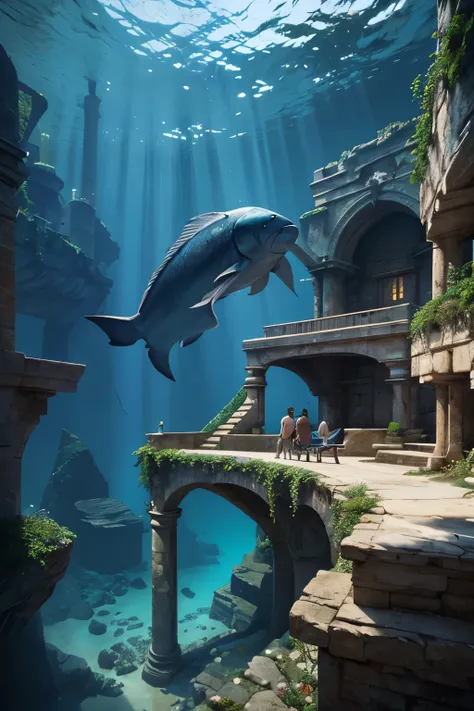 Paintings from a fantastic world that transcends dimensions,Undersea World, Atlantis drawn, Science Fiction ,upright,  STUDIO GHIBLI , Unreal Engine , epic epic , CG digital rendering ,,Highly detailed technical ,Three-color color matching