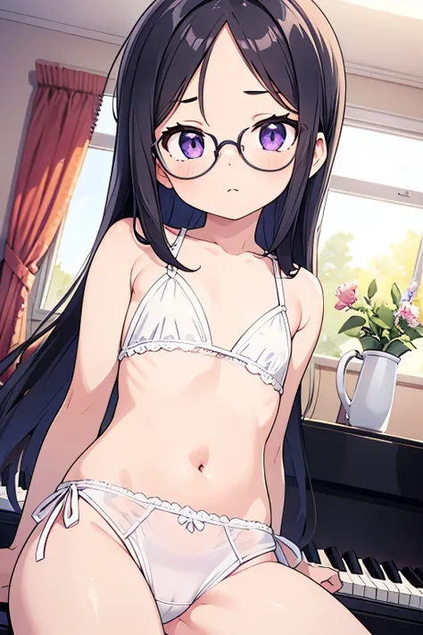  elementary school  toddler flat chest black hair straight long hair bangs 7：3 splits （（ forehead is sticking out in front of the piano））  purple eyes round glasses 　（（One person）） white dress　 white s panties 　 barefoot　（（ I can see my panties）） living ro...