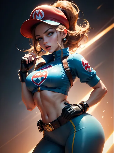 a woman with super Mario hat, wearing a super Mario costume, cute pose, detailed face, detailed body, detailed outfit (reality: 1.4), (A hyper-realistic), (high resolution), (8K), (highly detailed), ( Best Illustration), (detailed eyes), (ultra-detailliert...