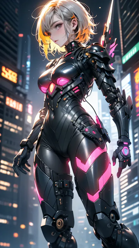   knight ,  bright neon color ,  cyborg girl ,  red and yellow gradient hair fluttering in the wind,  detailed cyber heavy armor , Glowing Armor,  Cybernetic Hands and Feet ,  dynamic angle , ( cyberpunk:1.1),  best quality , employment,  Allow depth of fi...