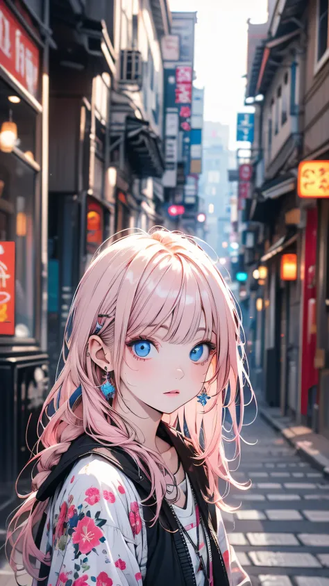  high resolution, Masterpiece,Shikimori Michon,  pink hair with a scar, Alone,  One Girl,outside,  detailed background , fine grain, ((blue eyes))