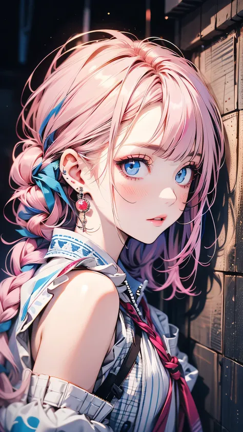  high resolution, Masterpiece,Shikimori Michon,  pink hair with a scar, Alone,  One Girl,outside,  detailed background , fine grain, ((blue eyes))